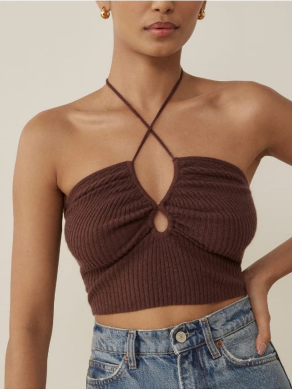 Reformation Cashmere Brown Ribbed Halter Crop Top with Twist Keyhole